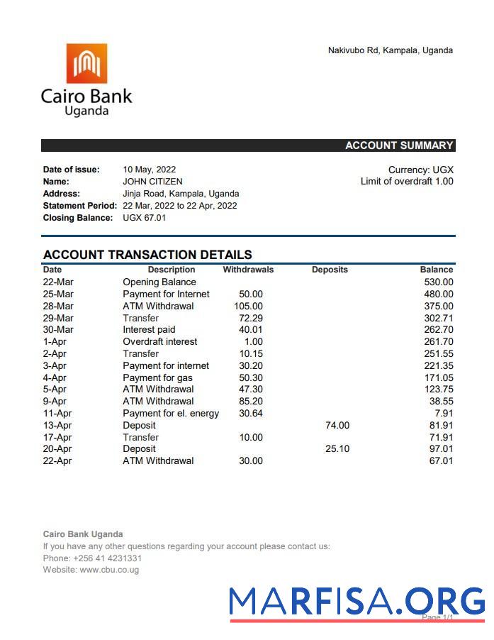 Downloadable Uganda Cairo bank statement excel download for verification